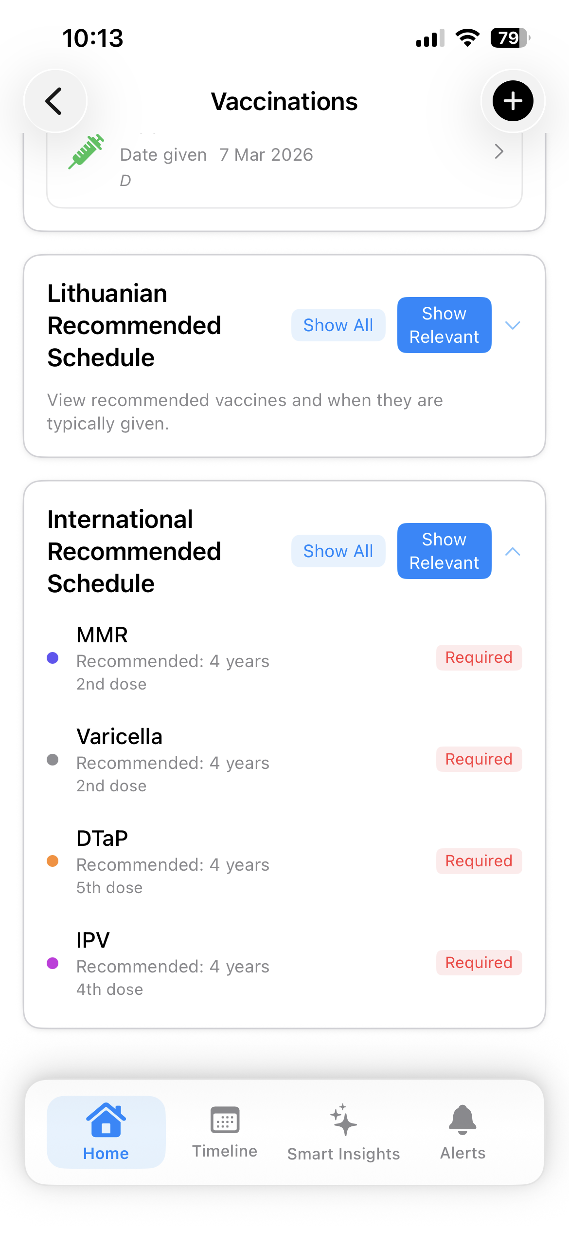 Vaccination tracking screen in KidCare Tracker showing past and upcoming vaccines